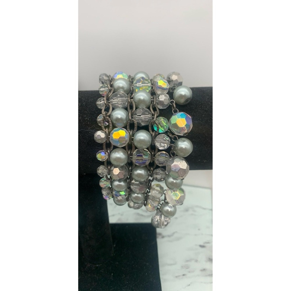 Chicos‎ Multi Layer Faux Gray Pearls And AB Crystal Statement Beaded Bracelet